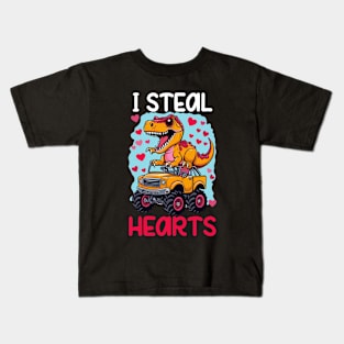 Kids I Steal Hearts Trex Dino Monster Truck Valentines Day Kids T-Shirt